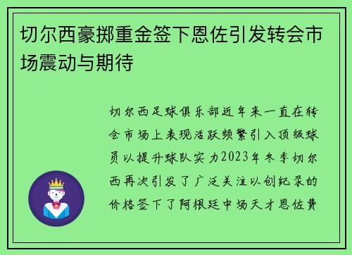 切尔西豪掷重金签下恩佐引发转会市场震动与期待