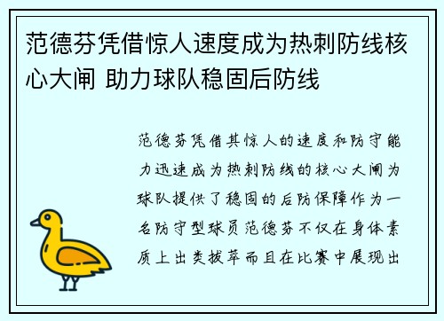 范德芬凭借惊人速度成为热刺防线核心大闸 助力球队稳固后防线
